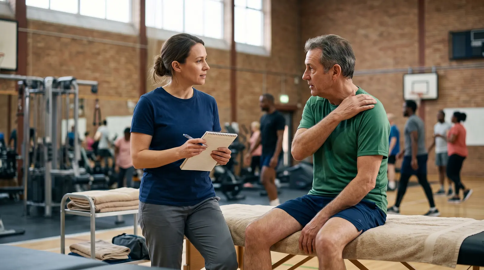 A sports massage therapist talking through a new client’s training and aches before a treatment
