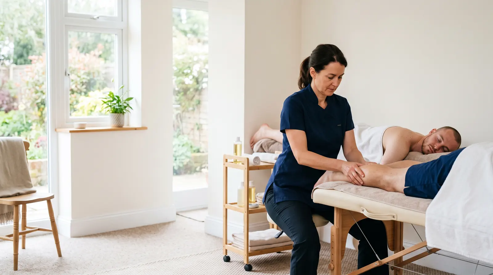A sports massage therapist working firmly into a client’s calf on a treatment couch in a bright, practical room