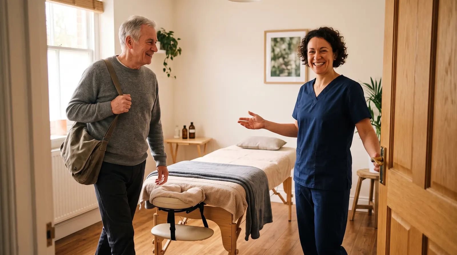 A sports massage therapist welcoming a regular client into the treatment room