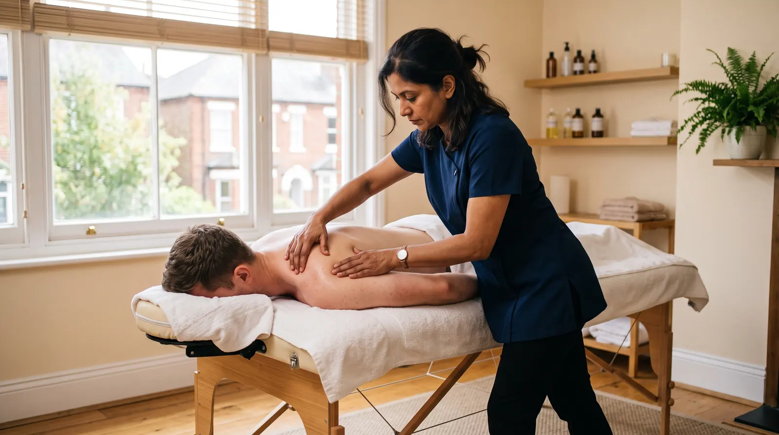 A sports massage therapist working on a client’s shoulder on a couch, focused and firm