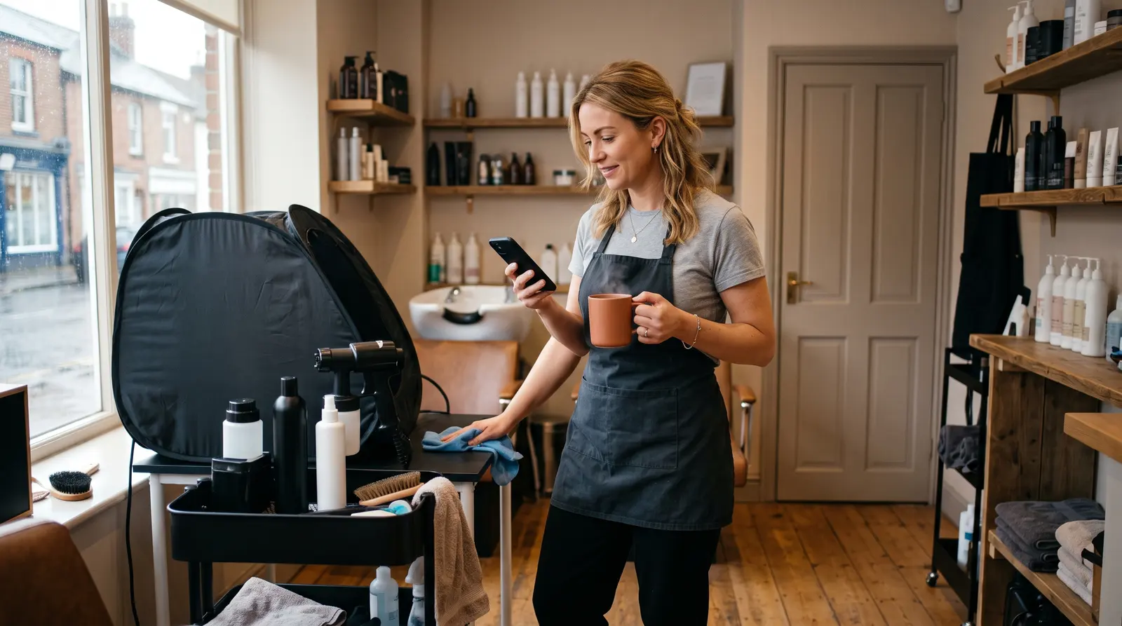 A spray-tan technician checking her phone between clients with a cup of tea
