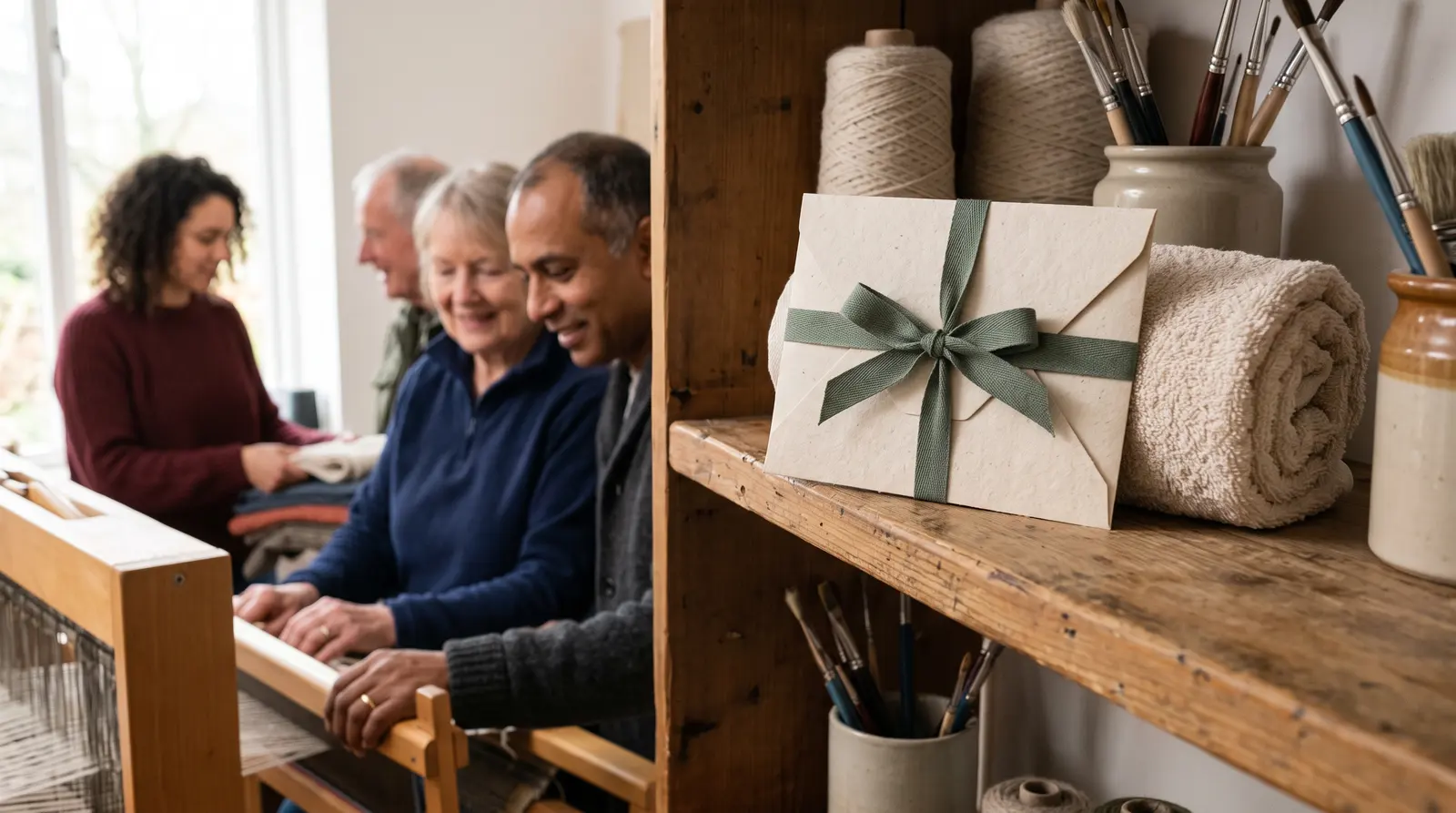 A cream gift envelope tied with a ribbon on a studio shelf beside a rolled towel
