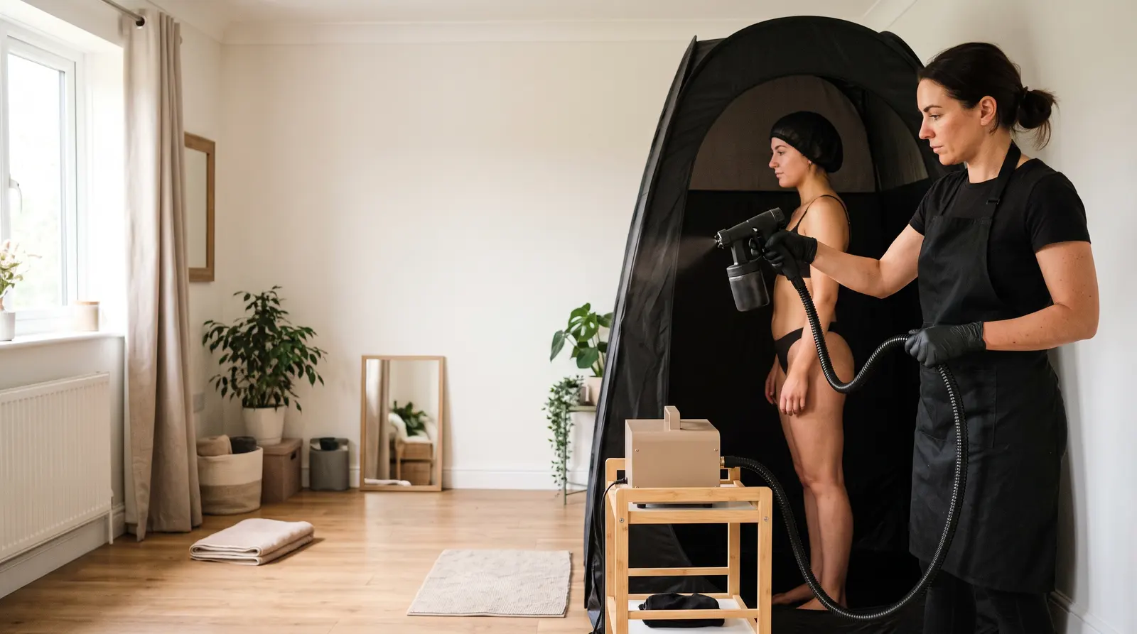 A spray-tan technician working on a client in a clean studio with a plain tent