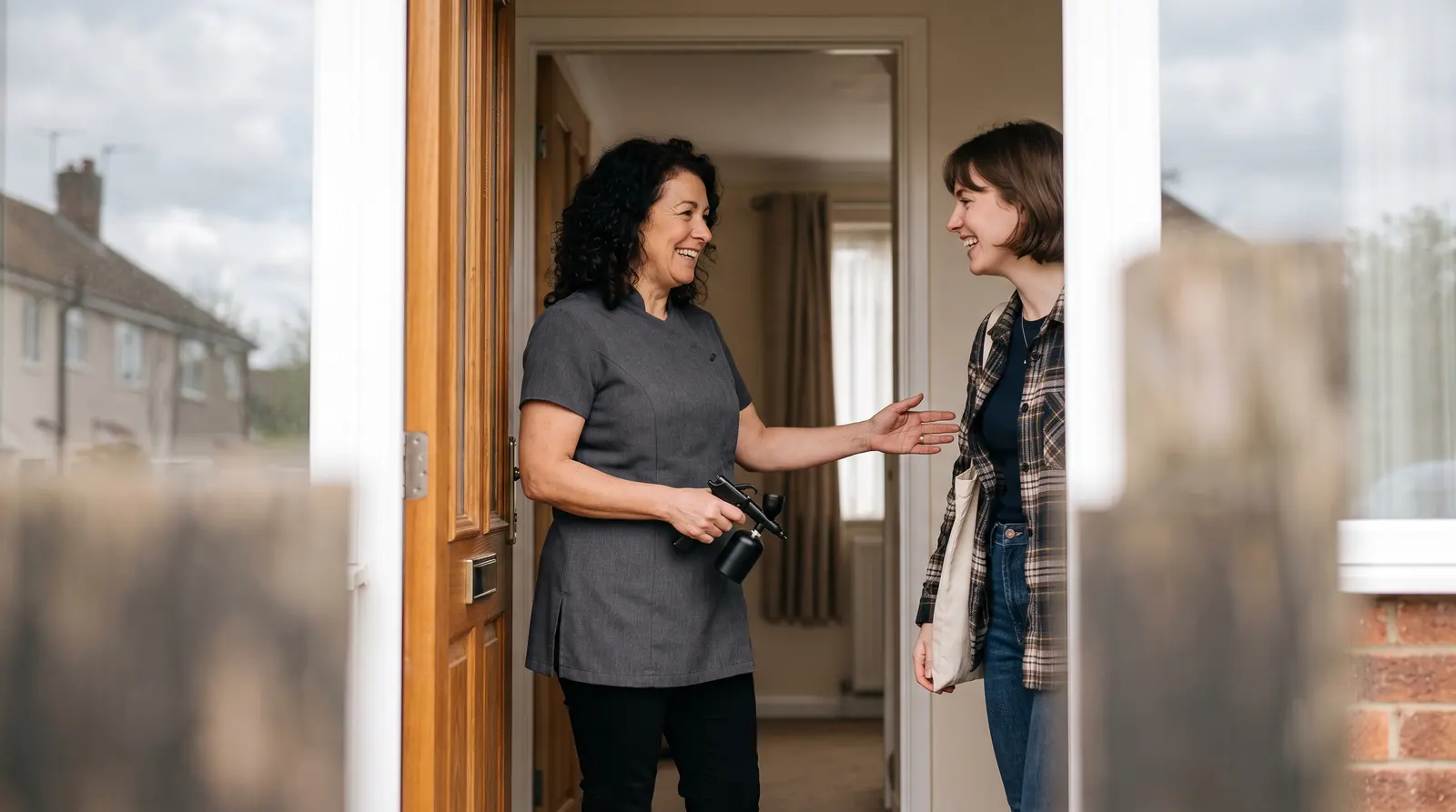 A technician welcoming a returning client into her calm studio with a warm smile