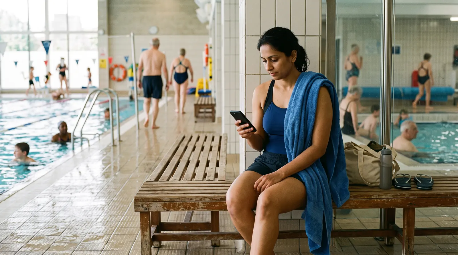 A swimming instructor on a poolside bench between lessons checking her phone with a bottle of water, screen not visible