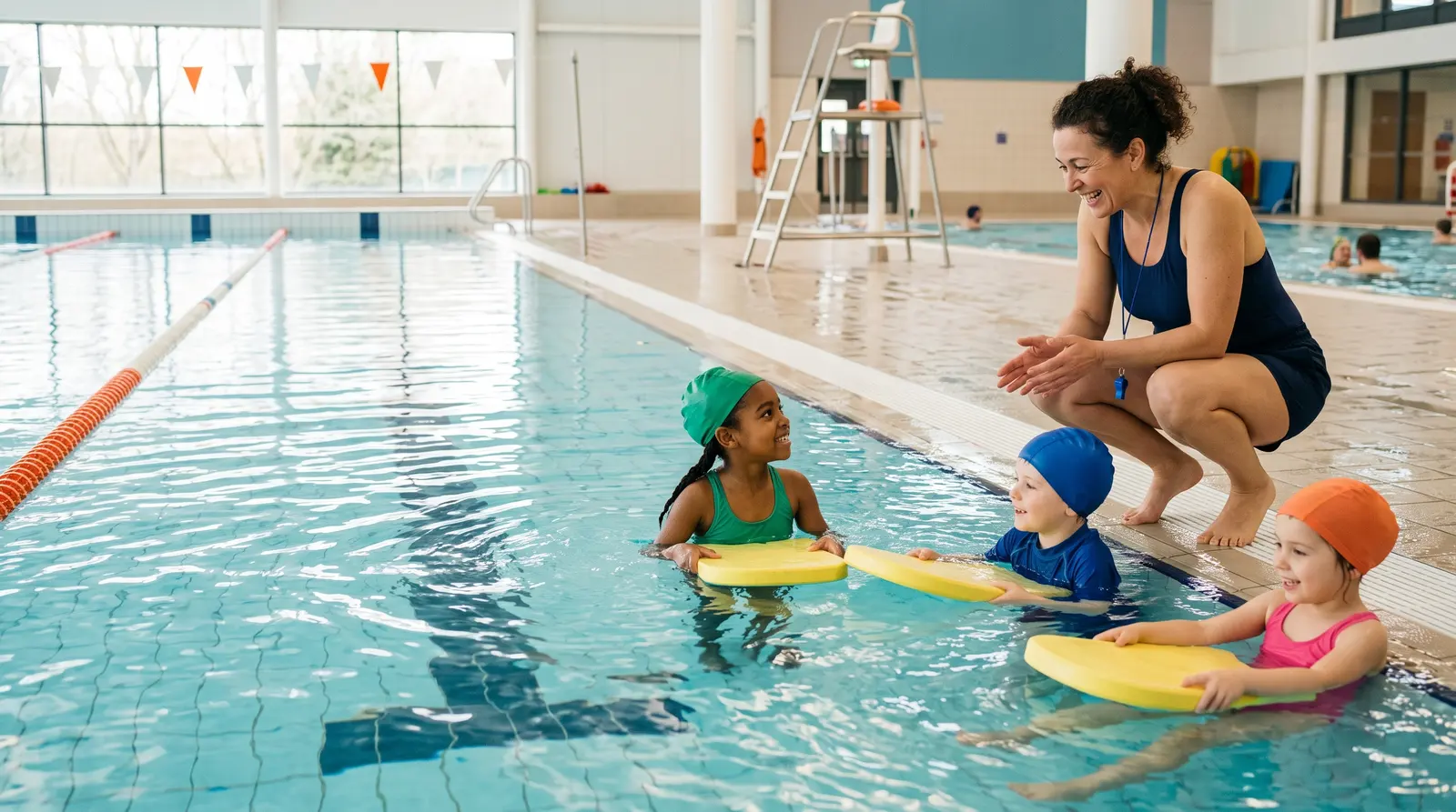 A swimming instructor crouched at the poolside giving instructions to a child holding a plain float in a bright pool