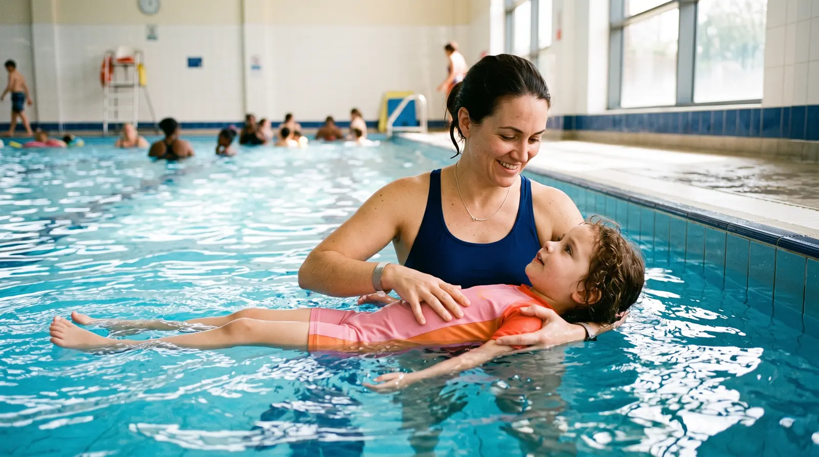 A swimming instructor supporting a young child learning to swim in a pool, calm and encouraging