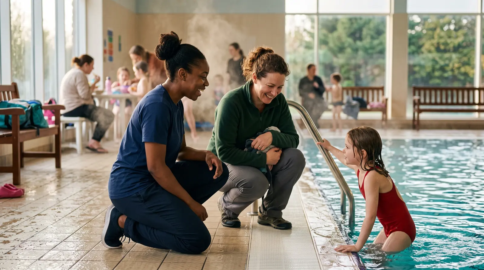 A swimming instructor kneeling at the edge of a pool talking to a smiling child in the water