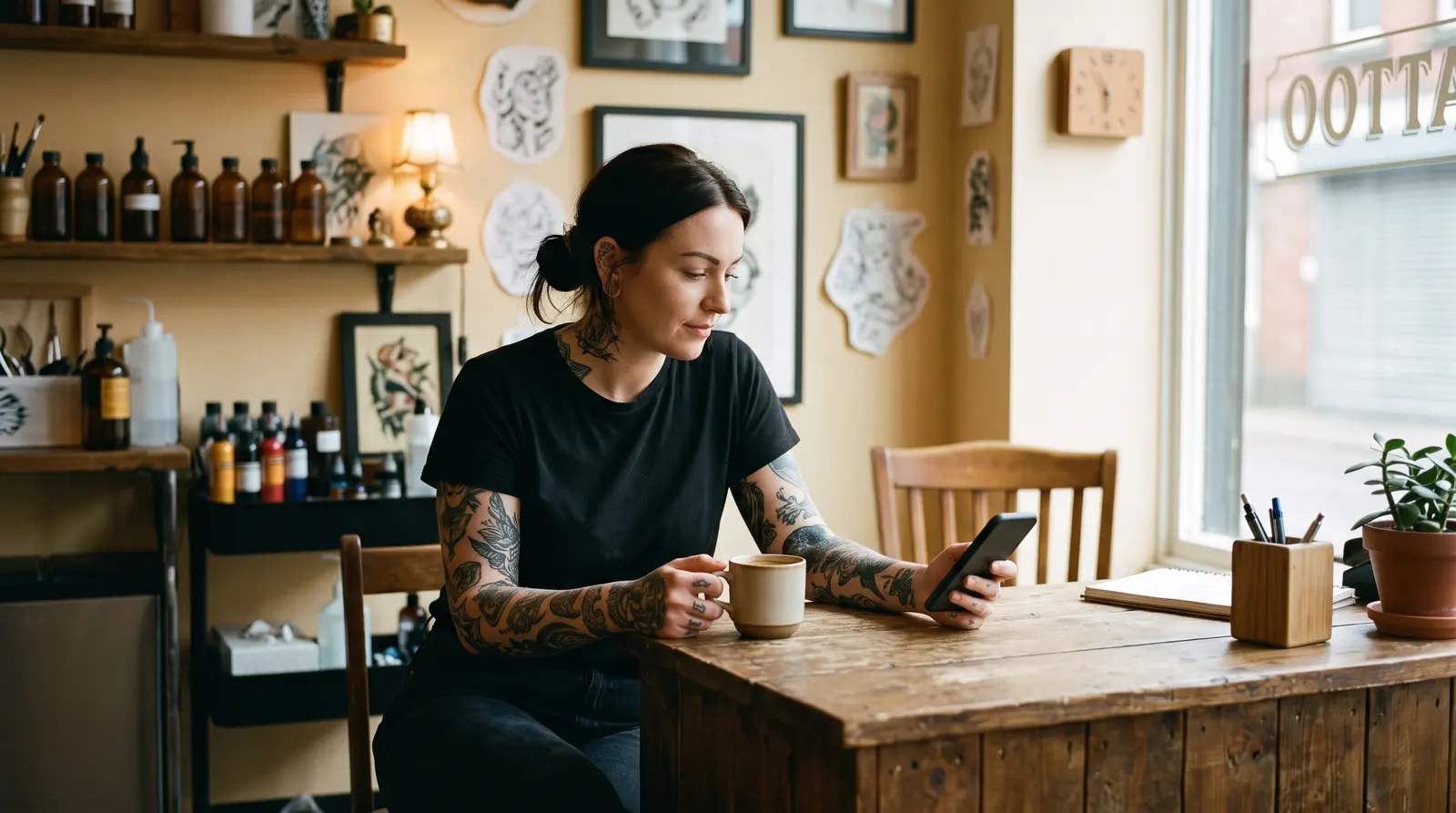 A tattoo artist at the studio front desk with a coffee, checking her phone
