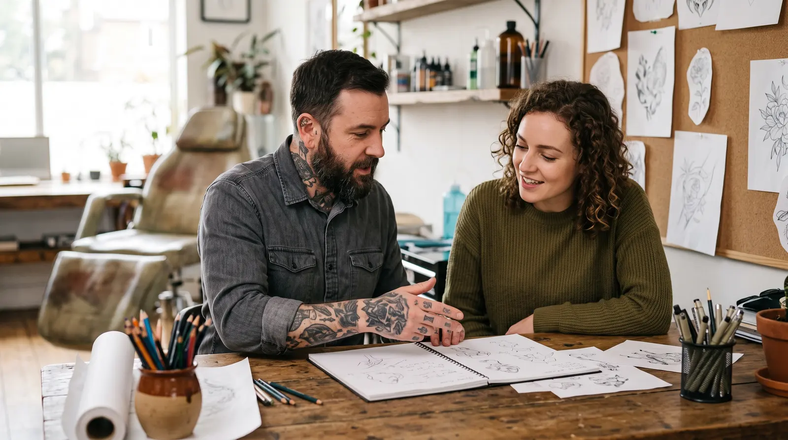 A tattoo artist and a client sitting together at a studio desk looking over pencil sketches