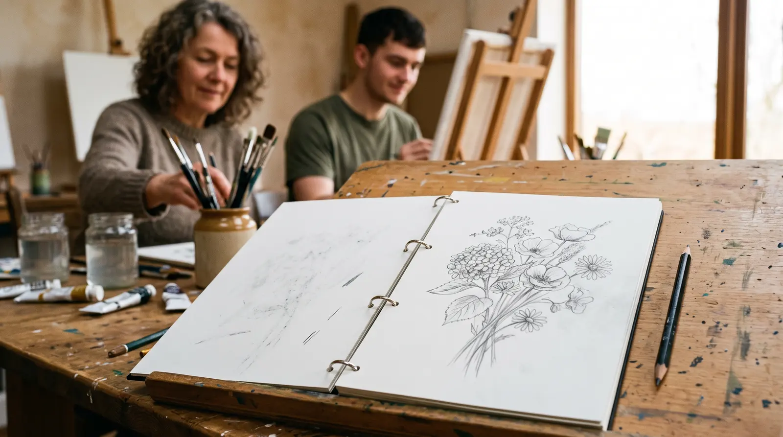 A sketchbook open on a studio desk with a pencil drawing