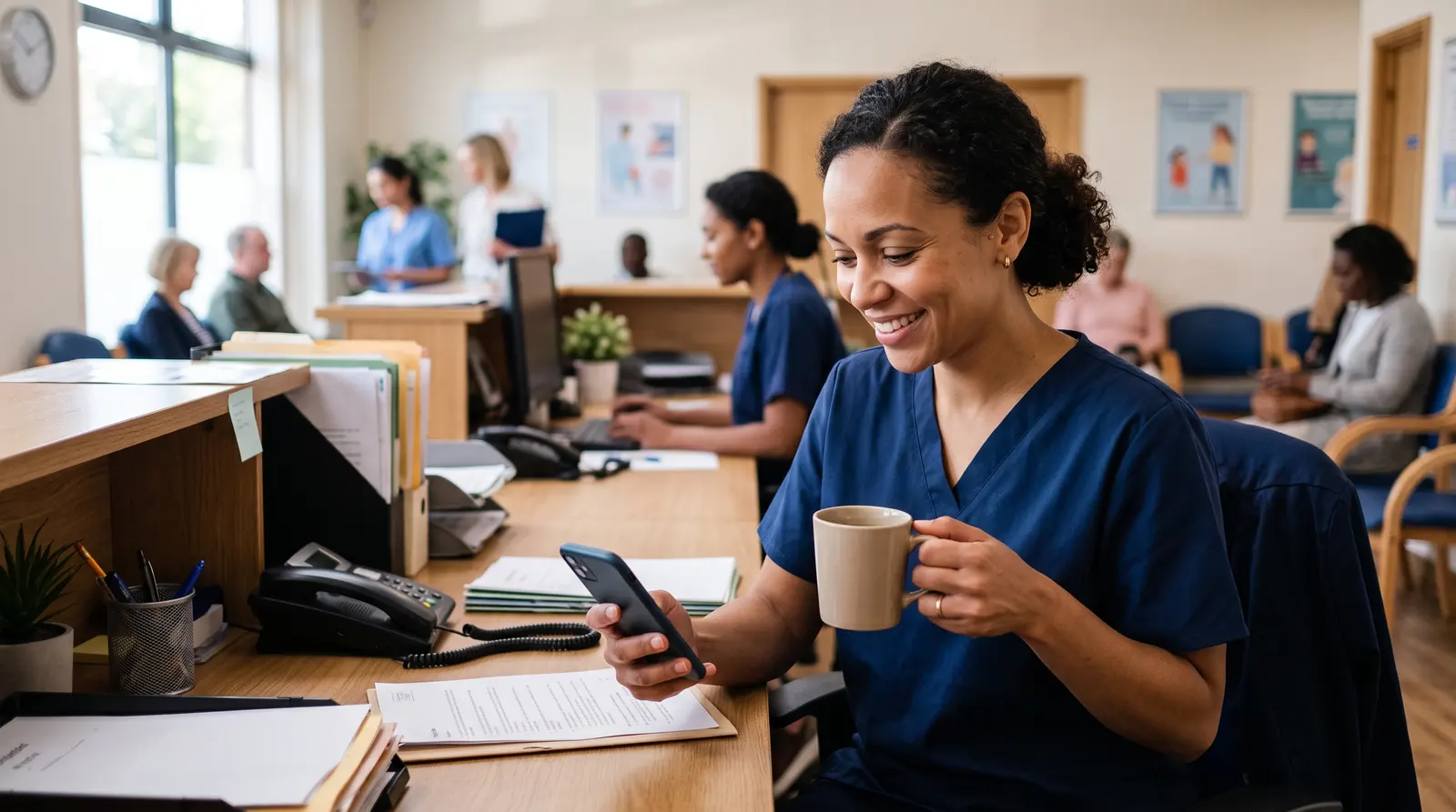 A tattoo removal practitioner checking her phone between clients at a tidy clinic desk