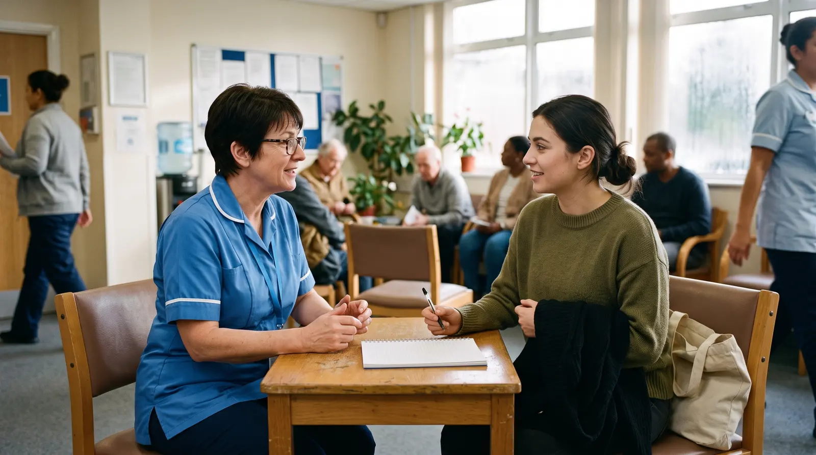 A tattoo removal practitioner talking with a new client about the sessions ahead at a desk in a bright clinic