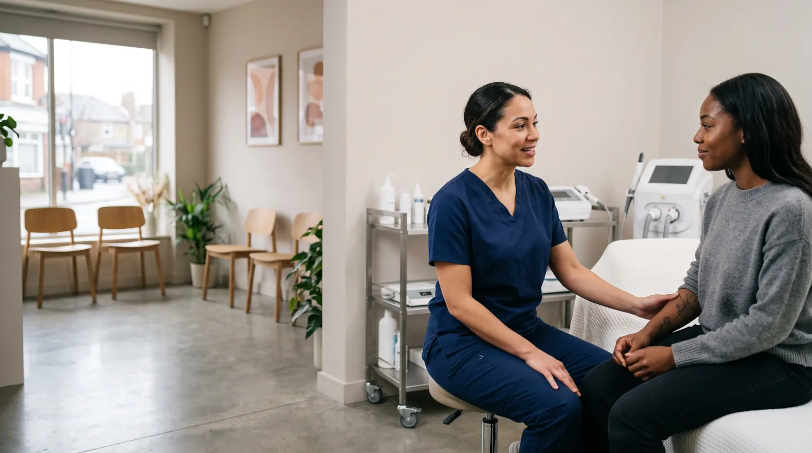 A tattoo removal practitioner working on a client’s forearm in a clean, modern clinic room