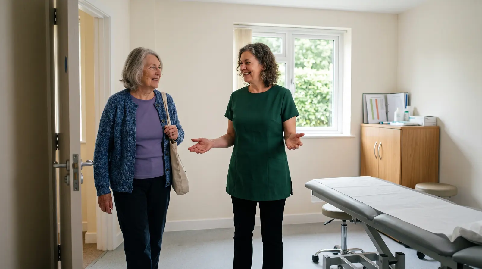 A tattoo removal practitioner welcoming a returning client back for their next session