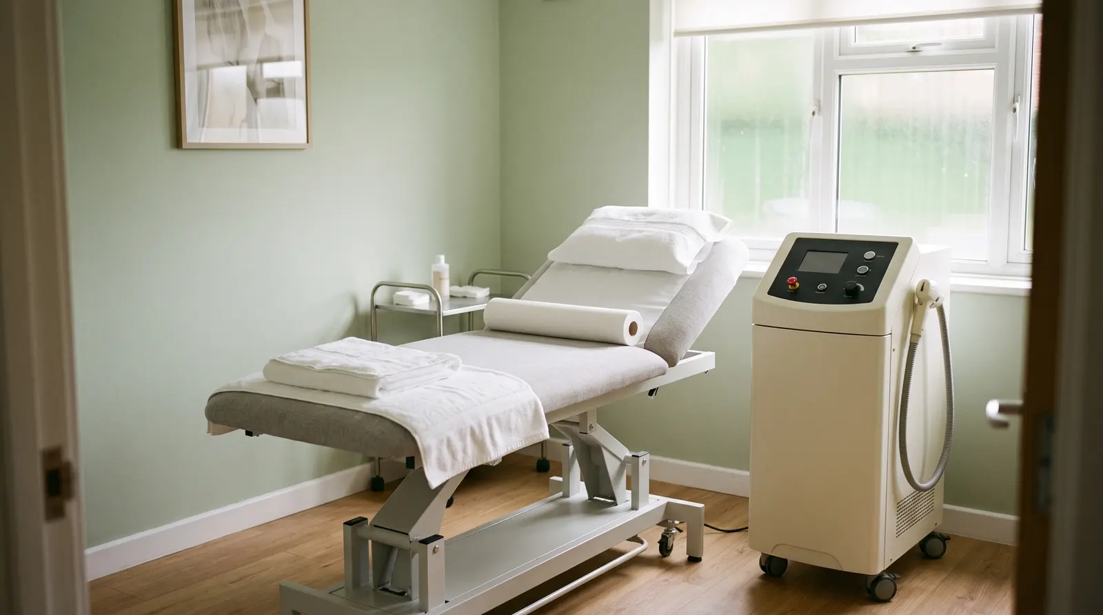 A clean, modern tattoo removal clinic room prepared for the next client, fresh couch roll laid out