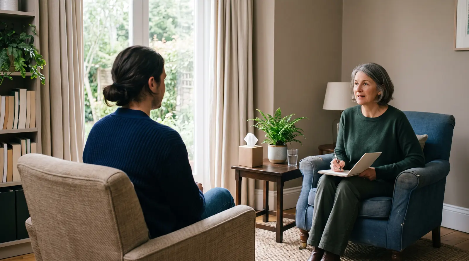 A calm therapy room where a therapist with a notebook listens to a client, seen from behind
