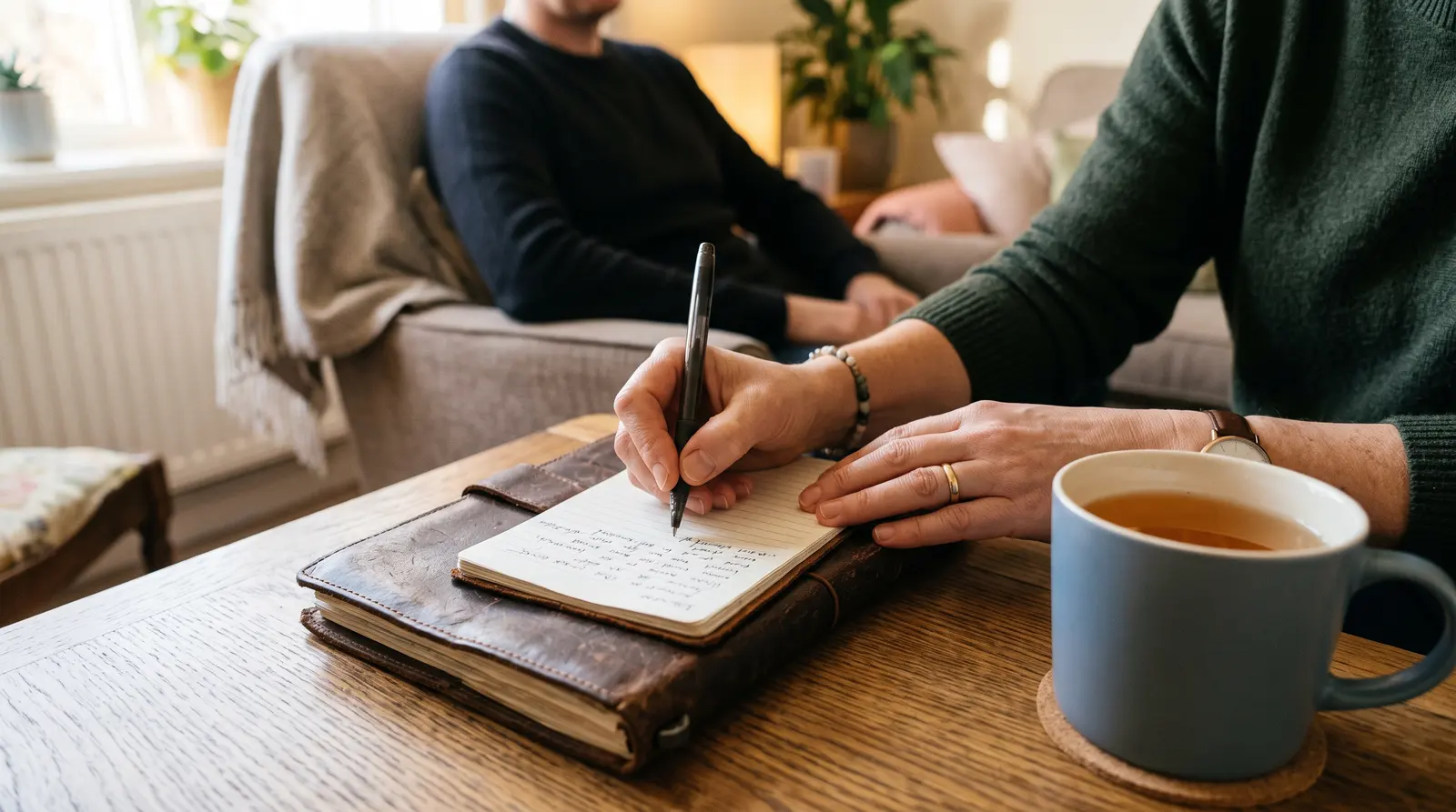A therapist writing private notes between sessions