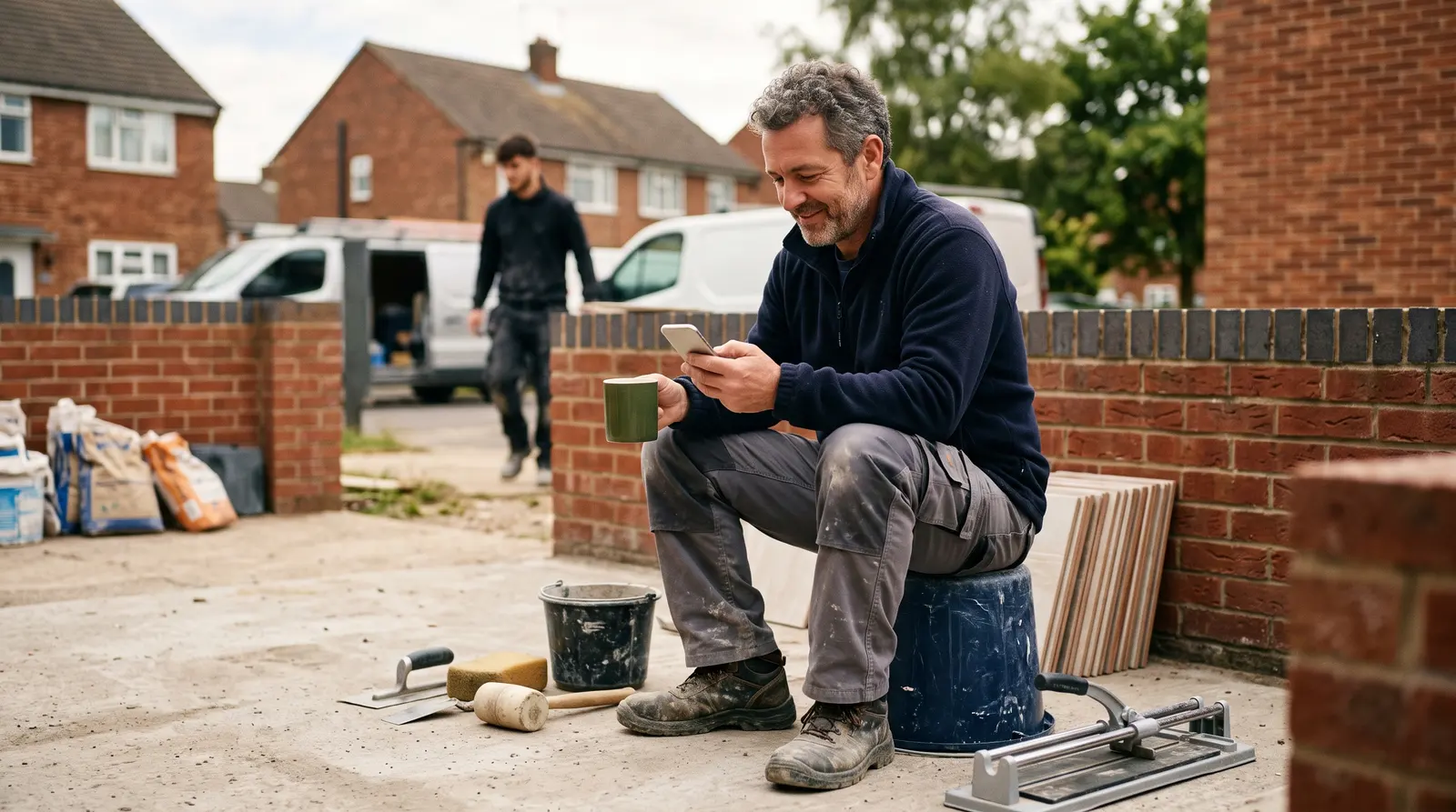 A tiler on a break checking his phone, a trowel and tile spacers beside him, screen not visible