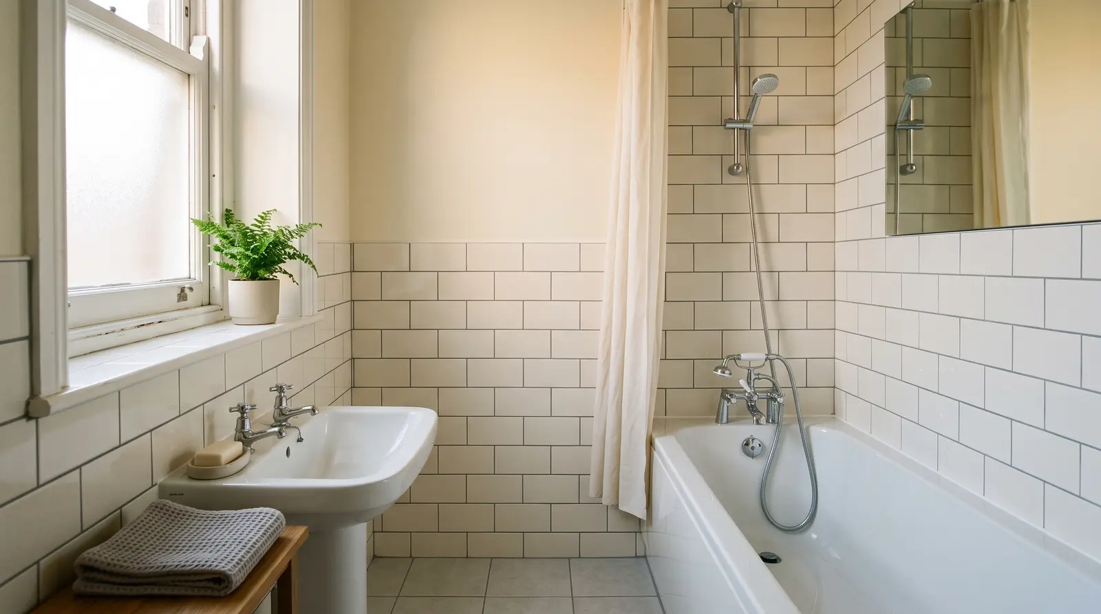 A finished tiled bathroom wall with even grout lines catching the light, nobody in the picture