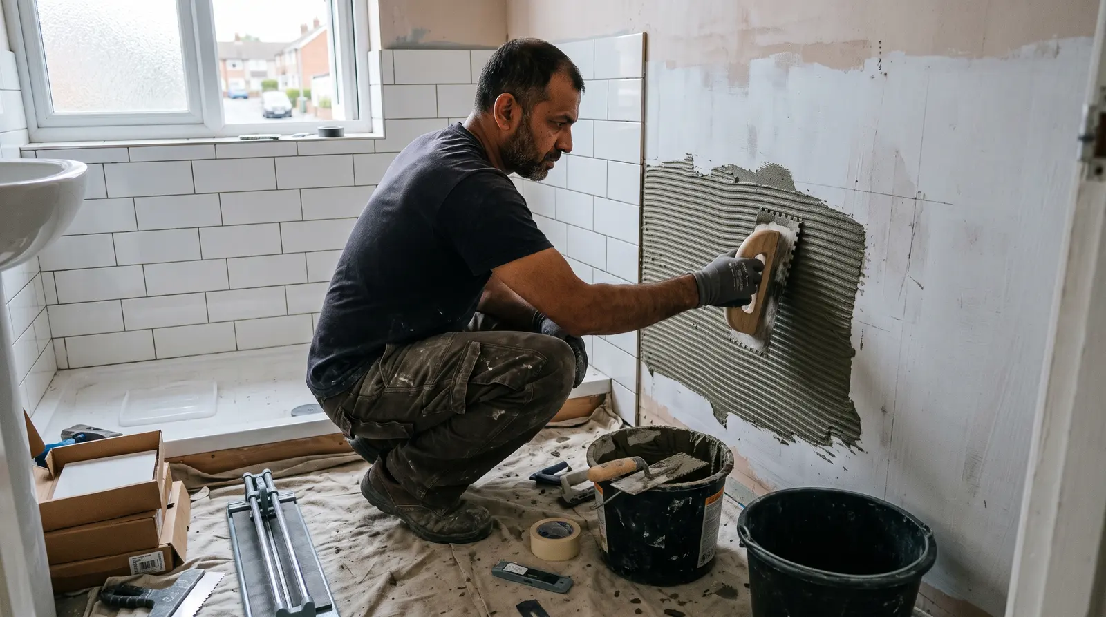 A tiler bedding a floor tile into fresh adhesive with a notched trowel