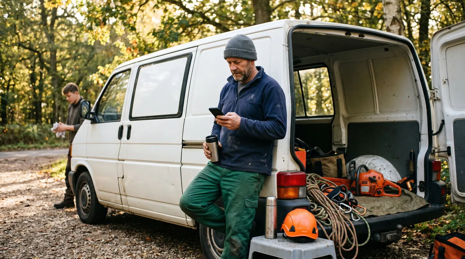 A tree surgeon in his truck between jobs checking his phone with a coffee, screen not visible