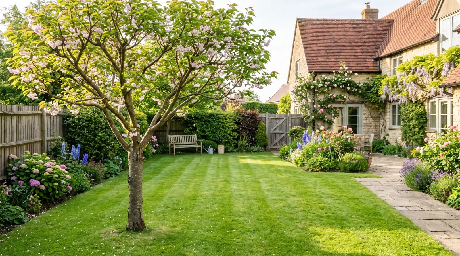 A neatly pruned garden tree with a tidy crown and the ground cleared below, nobody in the picture