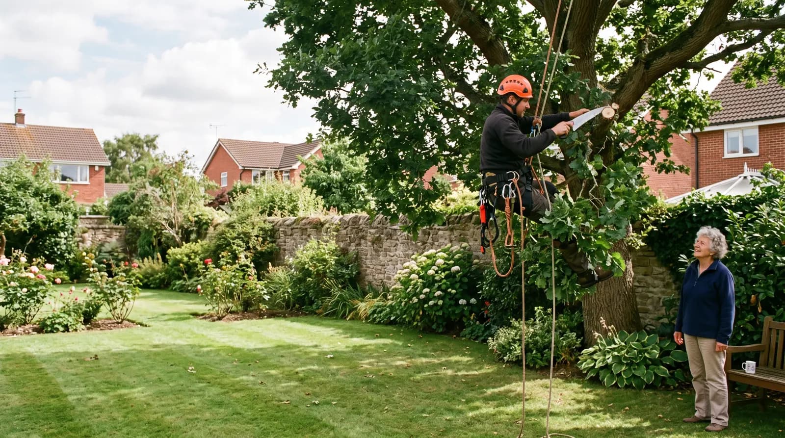 A tree surgeon roped up in a mature tree carrying out crown work on a bright day, calm and controlled