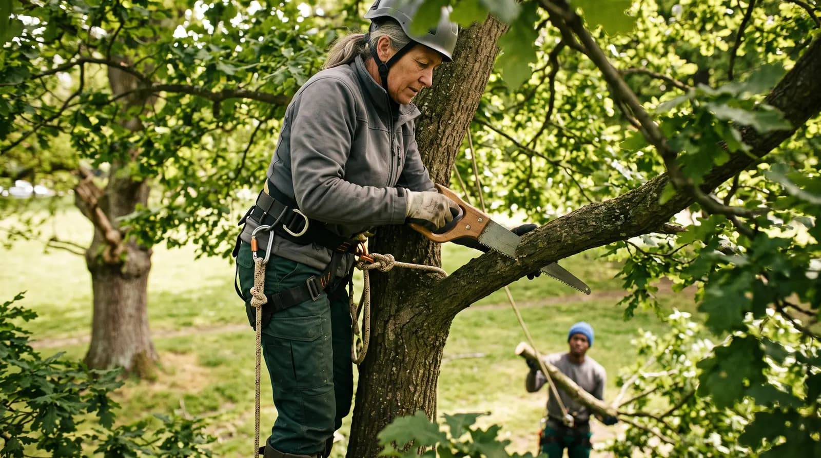 A tree surgeon on the ground feeding brash into a chipper after pruning, working steadily