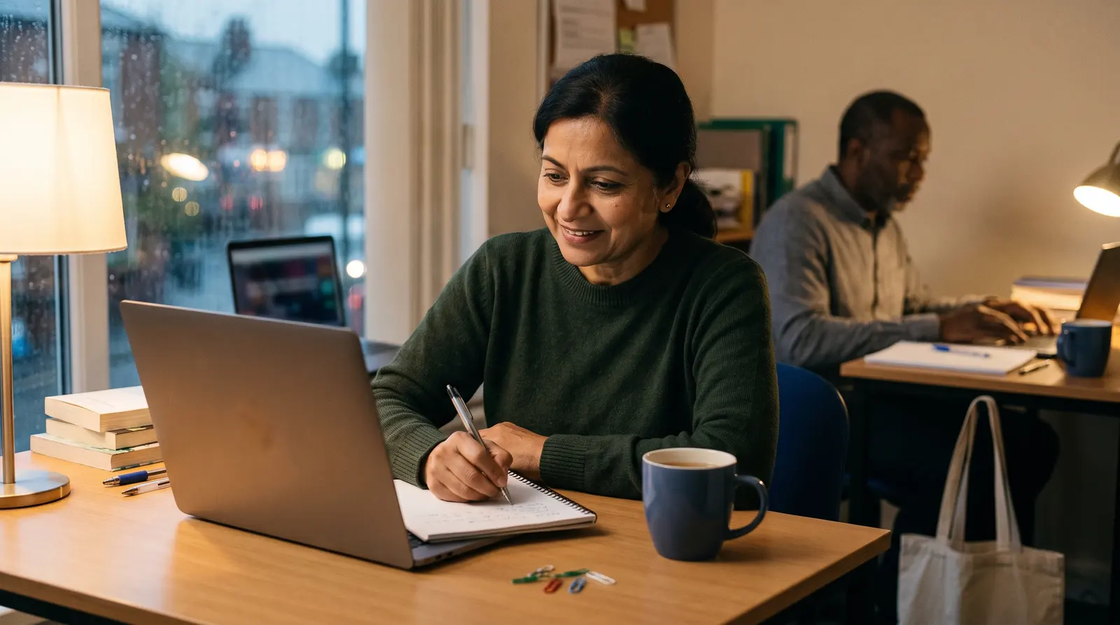 A tutor at her desk in the evening with a laptop and a mug, planning next week
