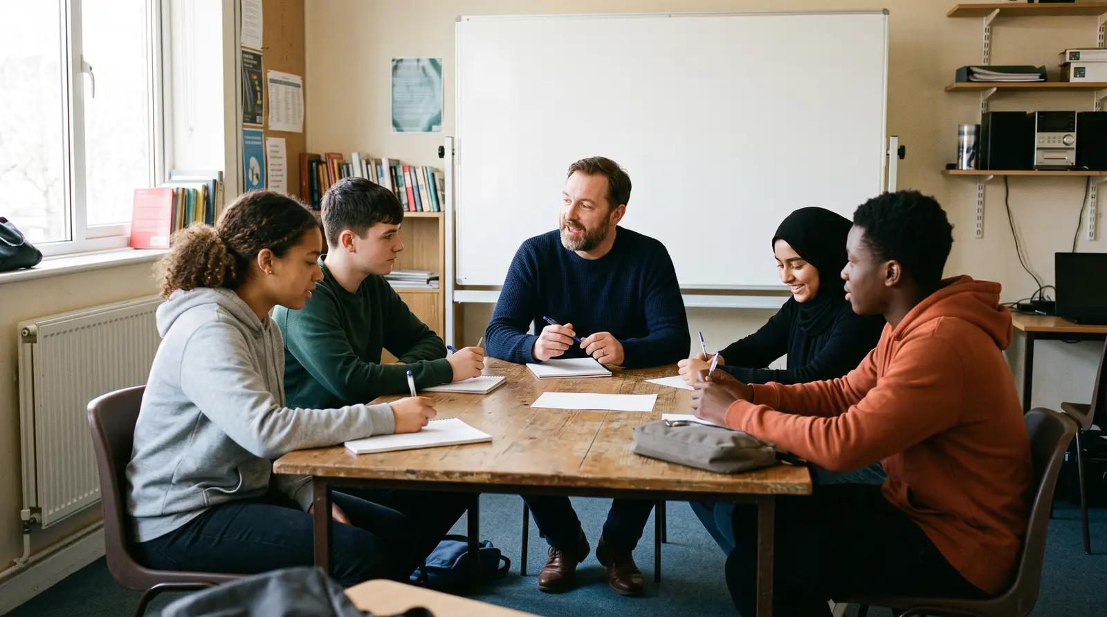 A tutor leading a small group revision class