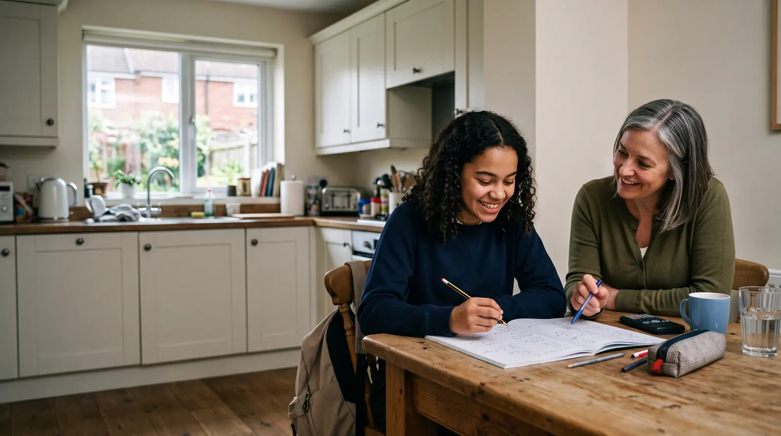 A tutor working with a student at a kitchen table