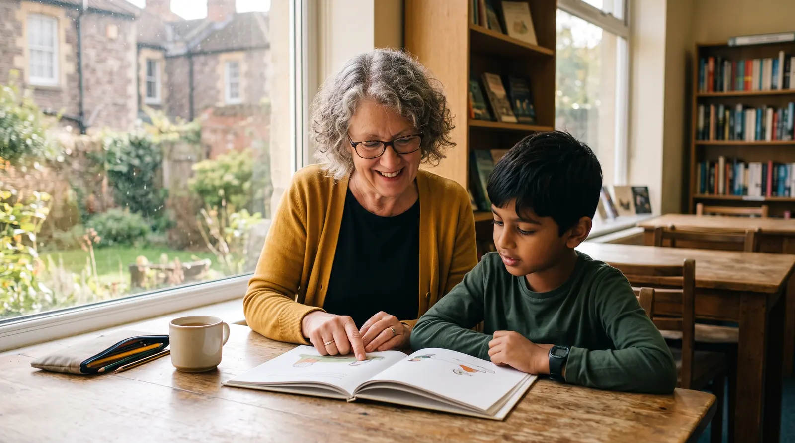 A tutor and a young student reading together by a window