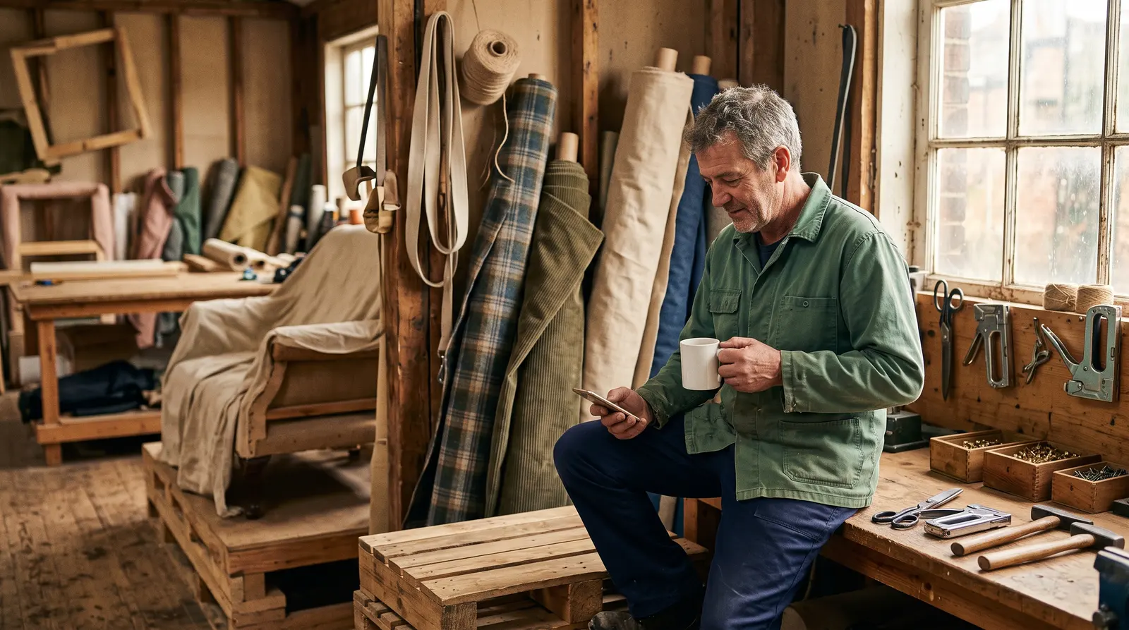 An upholsterer checking her phone on a break with a cup of tea, rolls of fabric behind her, screen not visible