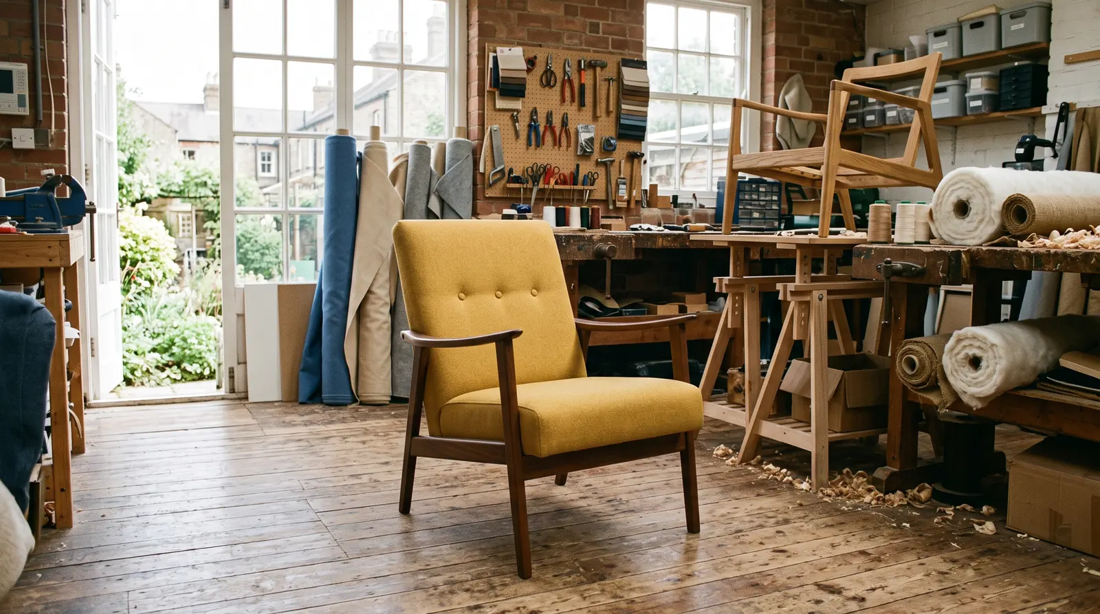 A freshly re-covered armchair finished and standing in the workshop ready for collection, nobody in the picture