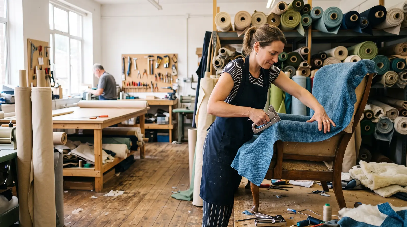 An upholsterer tacking fresh fabric onto a chair frame in a bright workshop, steady and careful