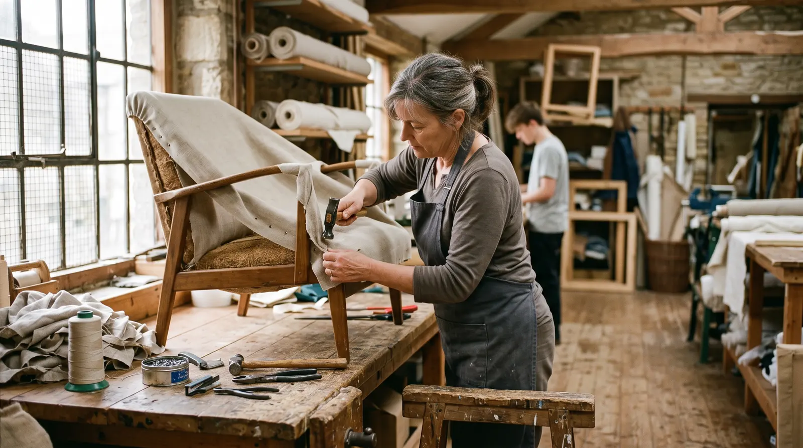 An upholsterer stretching new fabric over fresh foam on a chair seat, working it smooth