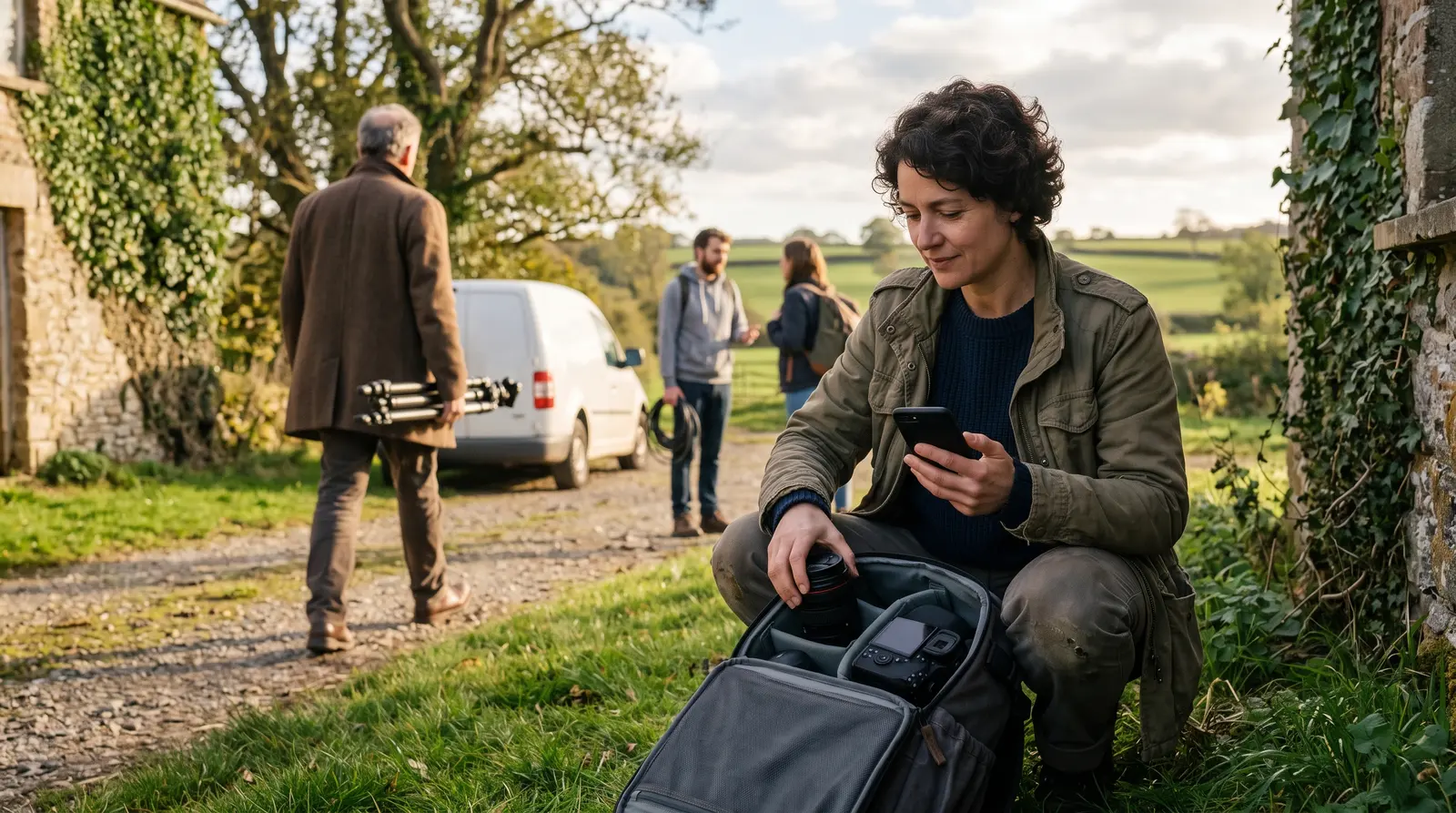 A videographer checking her phone on a break during a shoot, a camera bag beside her