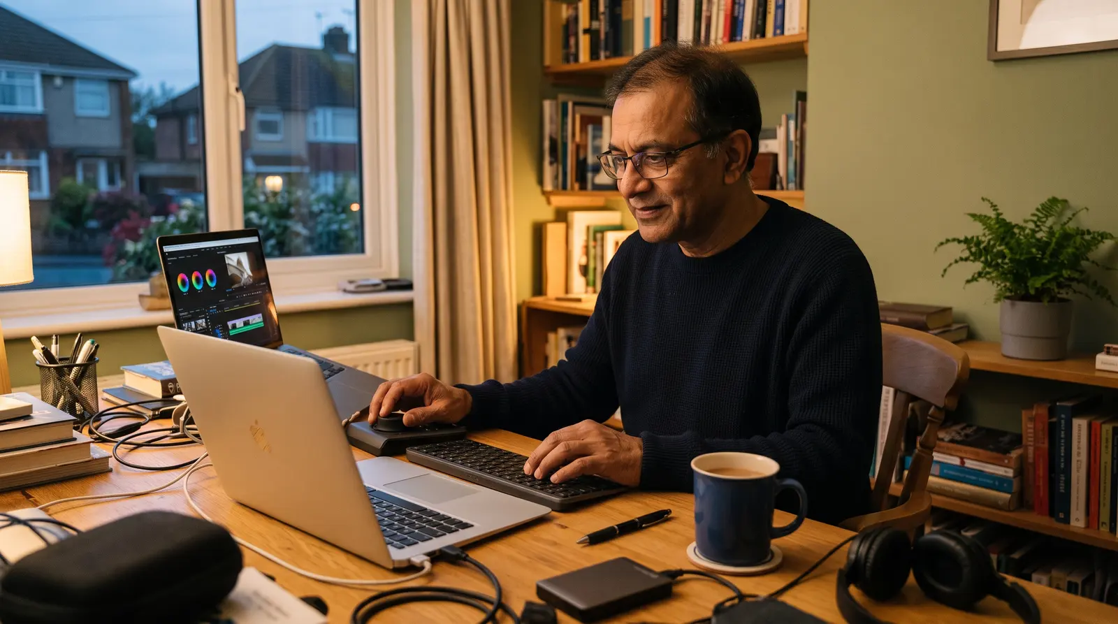 A videographer editing footage on a laptop at a home desk in the evening, a cup of tea beside her
