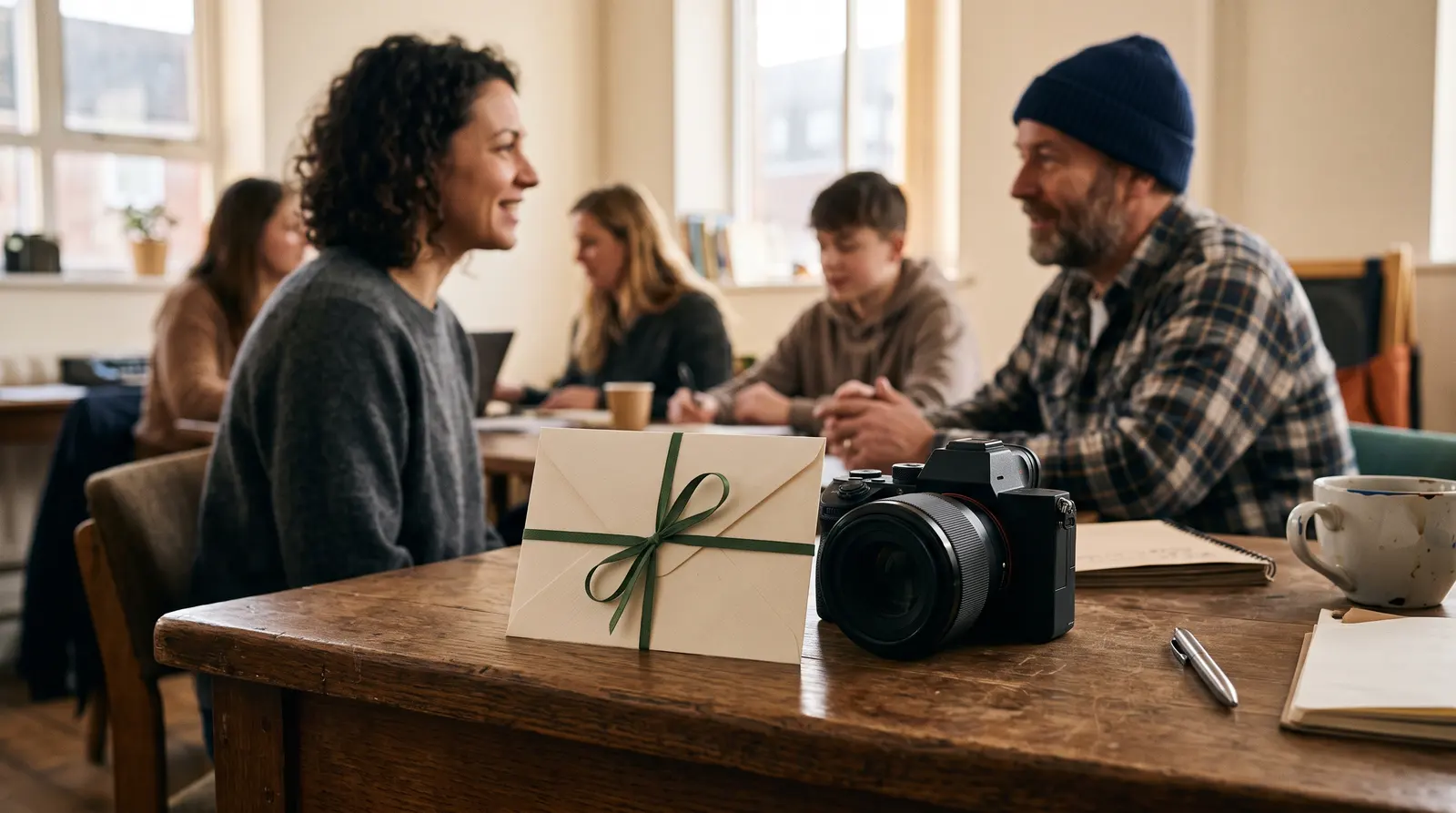 A small cream gift envelope tied with a ribbon lying on a desk beside a camera and a lens