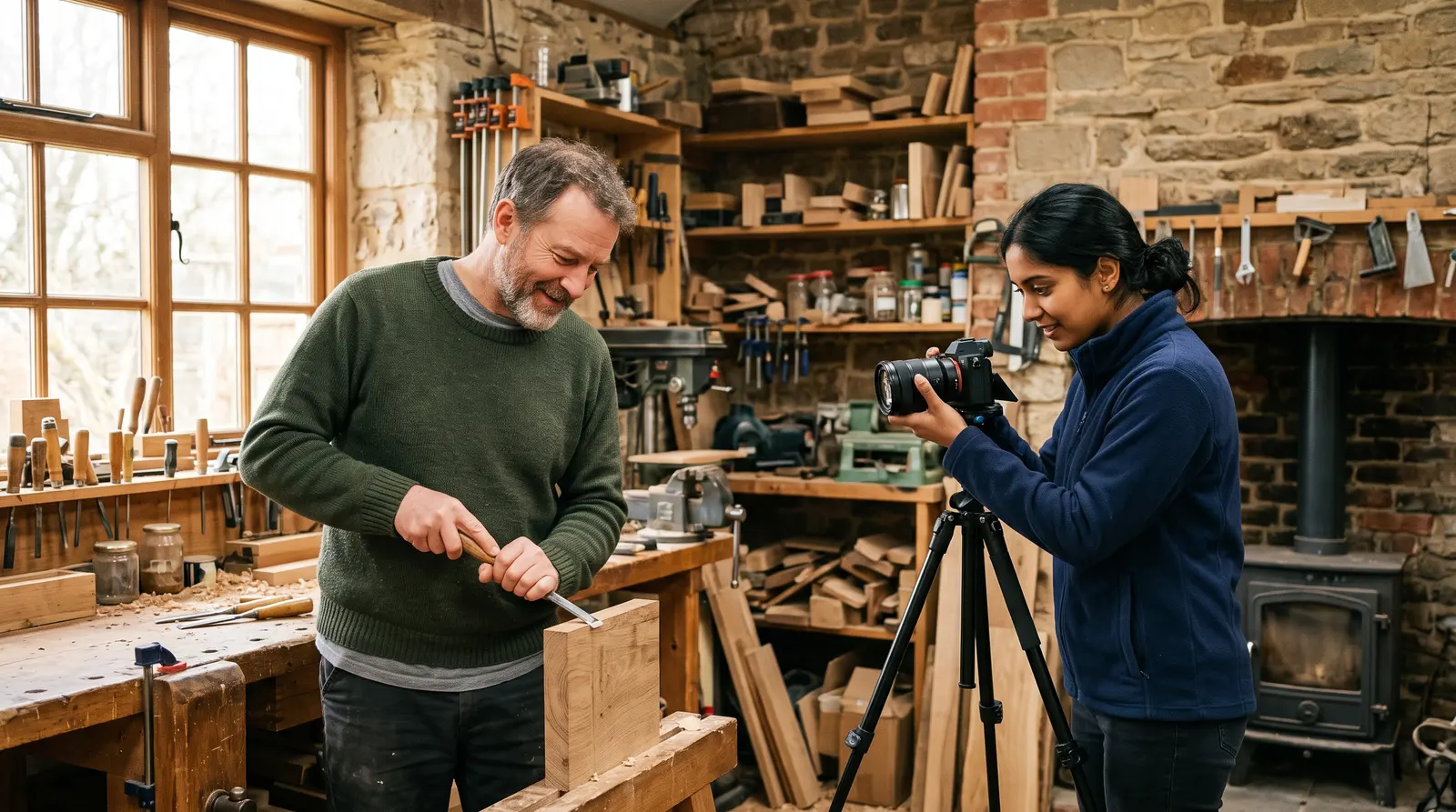 A videographer filming a small business owner at work for a promotional film, a plain camera on a tripod