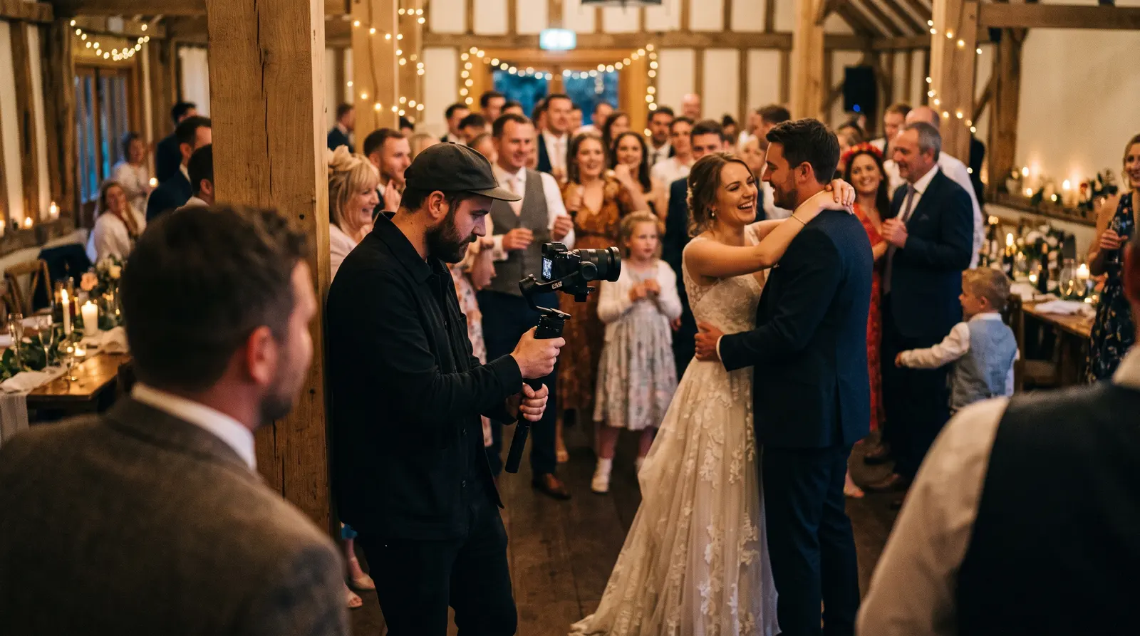 A videographer capturing a bride and groom during their first dance in soft evening light