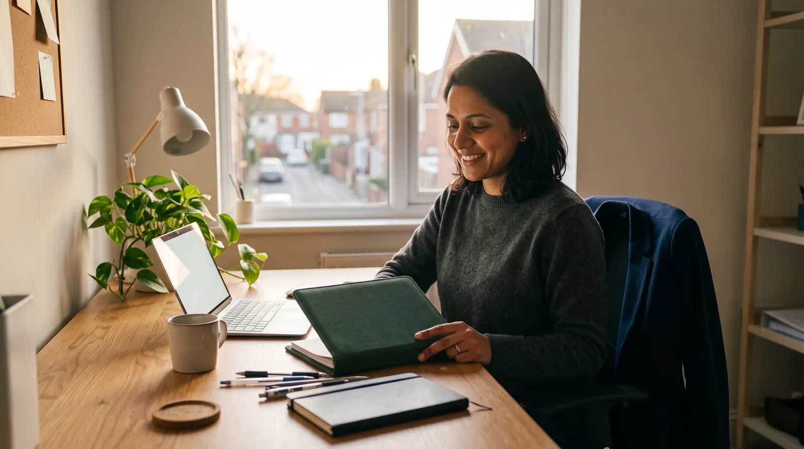 A virtual assistant checking her phone on a break with a cup of tea