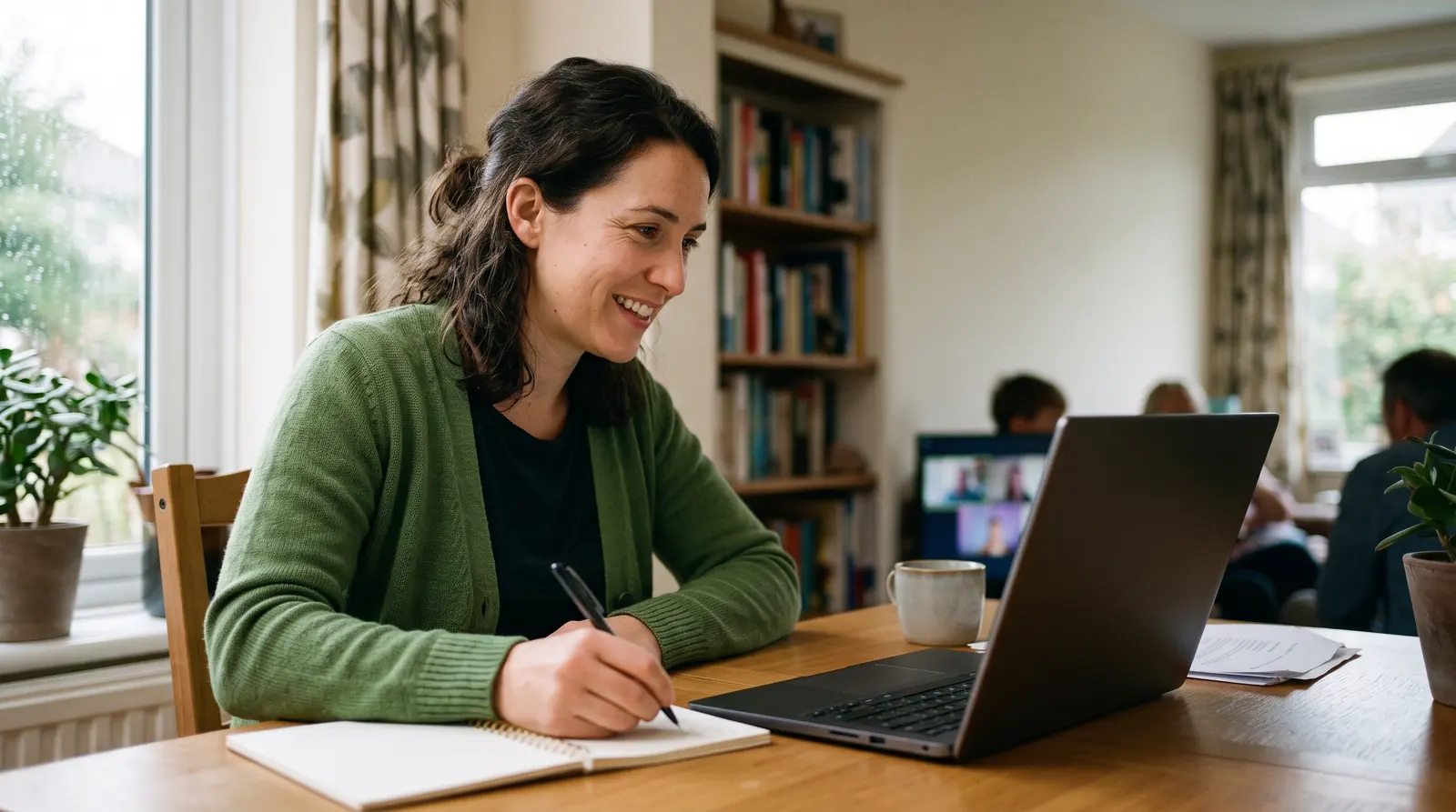 A virtual assistant on a friendly video call at her desk