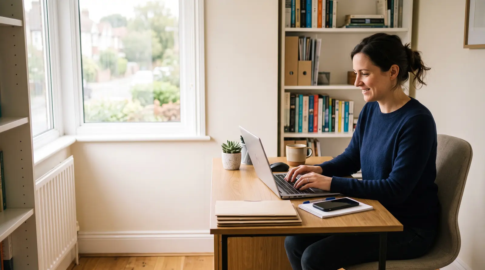 An organised virtual assistant at a tidy desk with a laptop and phone, calm and in control