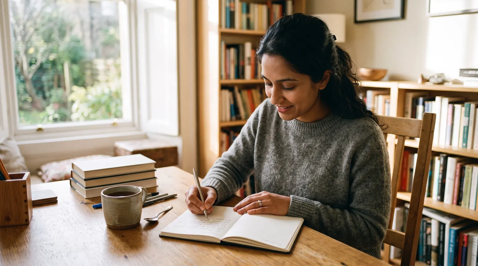 A virtual assistant working through tasks at a tidy, bright desk