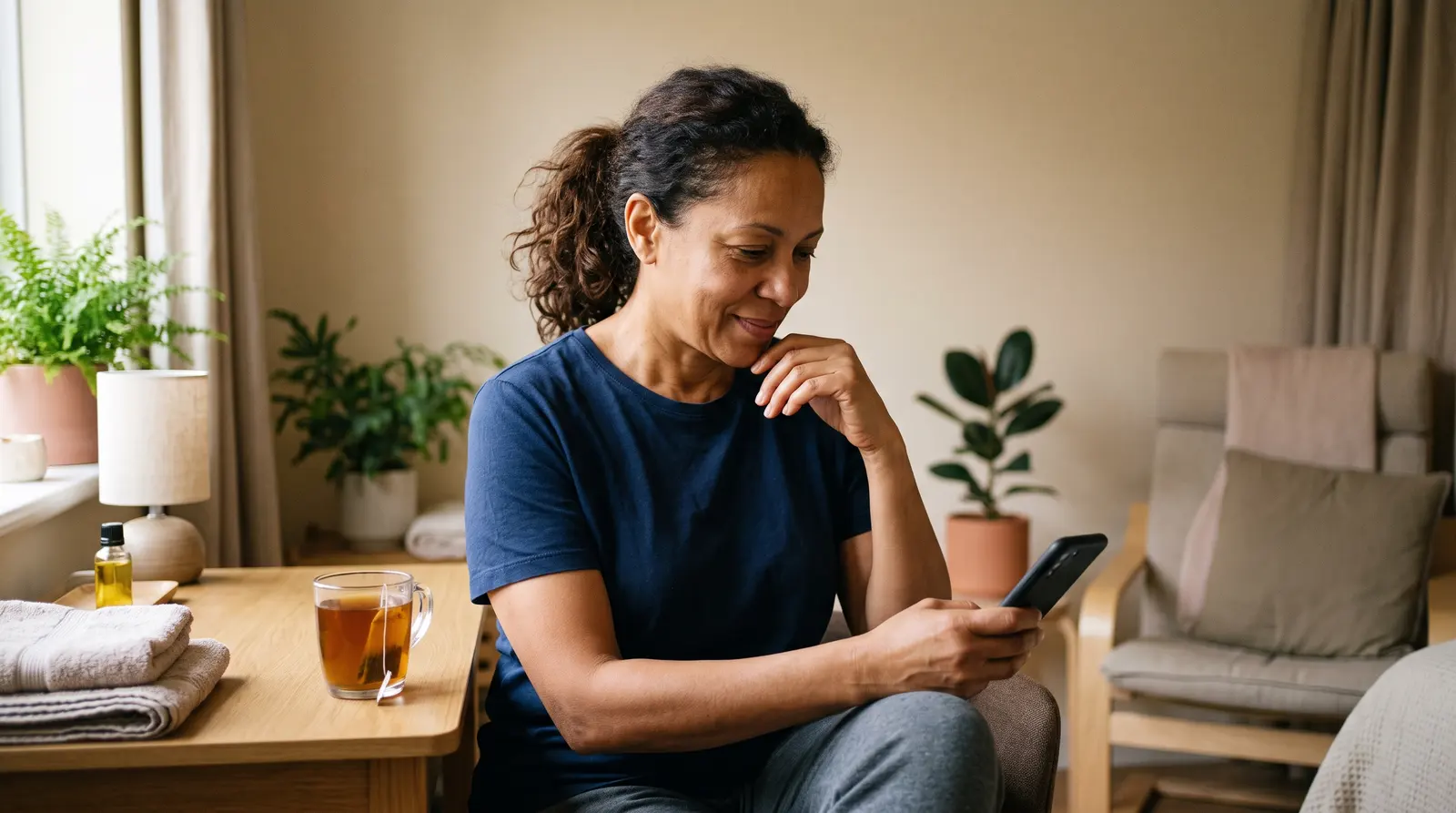 A waxing specialist checking her phone with a tea between clients in a calm room