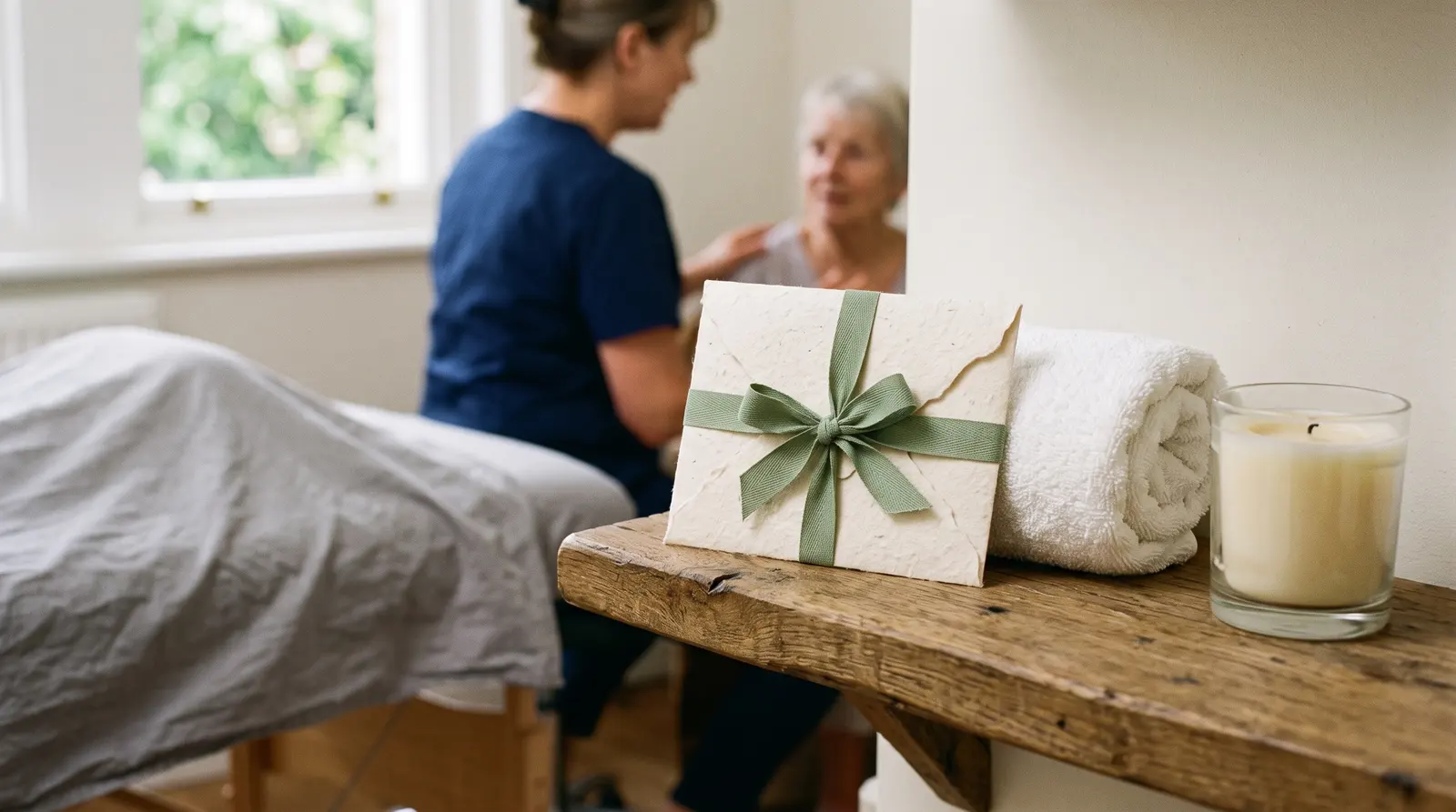 A cream gift envelope tied with a ribbon on a treatment-room shelf beside a rolled towel