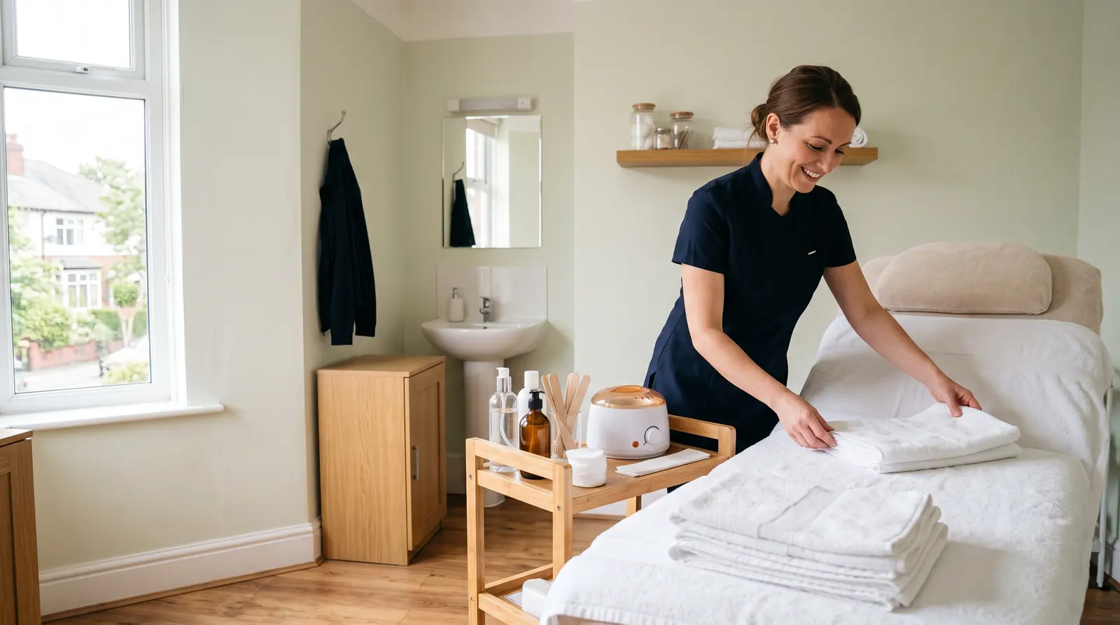 A waxing specialist welcoming a client into a calm, bright treatment room