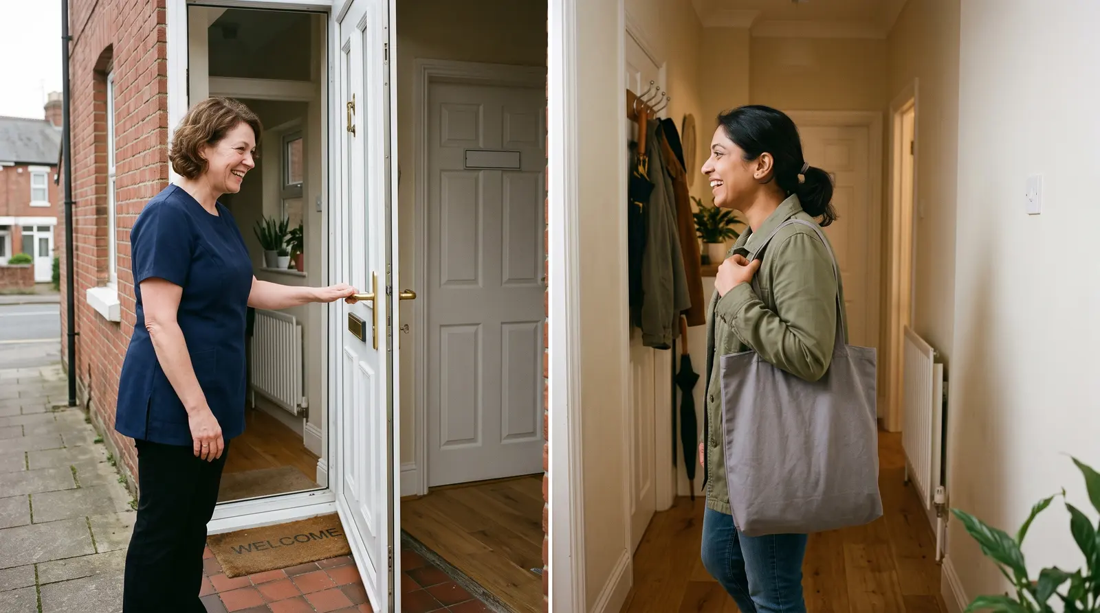 A waxing specialist greeting a regular client at the door of her treatment room